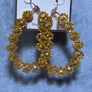 Mustard Small Facted Glass Bead Flower Look On Gold Tone drop Earring